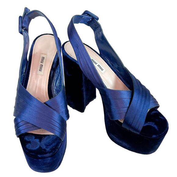 Miu Miu Navy Velvet and Satin Platform Heels Size 38 - Picture 3 of 7
